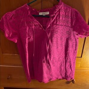 LOFT Pink Eyelet Ruffle Split-Neck Blouse